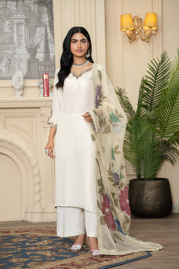 Ivory Silk Suit with Floral Dupatta