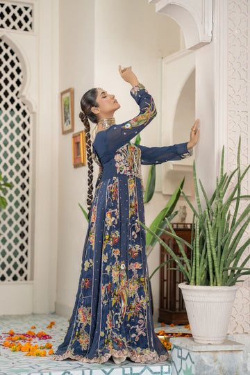 Sapphire Blue Pishwas with Floral Embroidery