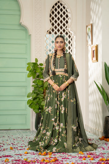 Olive Green Floral Printed Pishwas