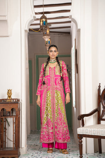Fuchsia & Chartreuse Lehanga & Gown Set