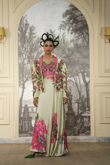 Sage & Magenta Floral Silk Gown