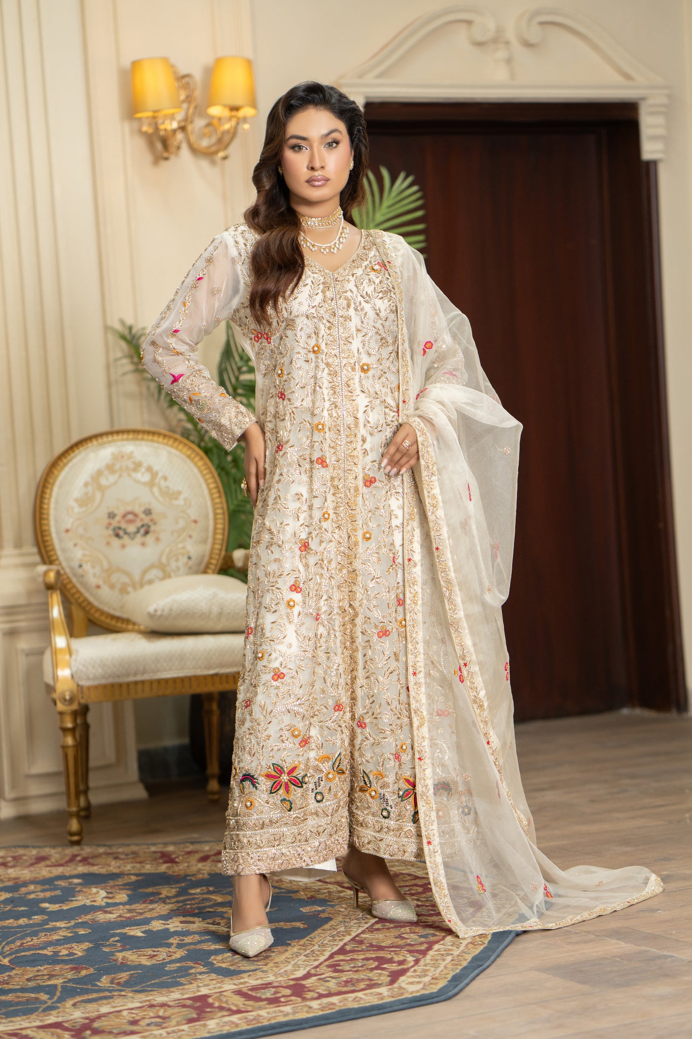 Ivory White Embroidered Angrakha Gown