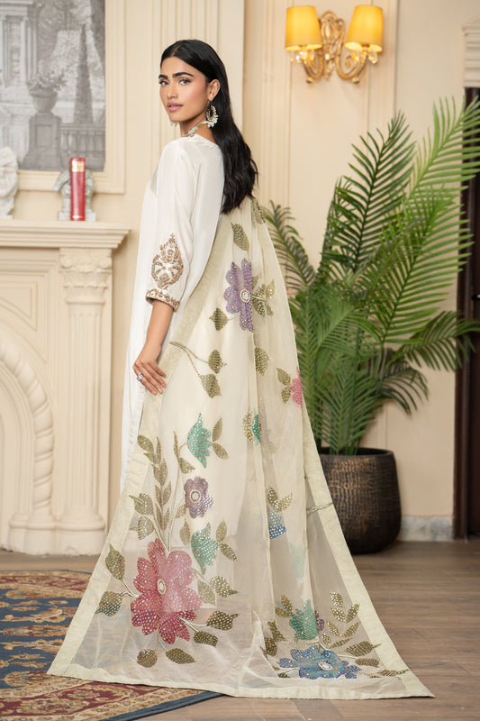Ivory Silk Suit with Floral Dupatta