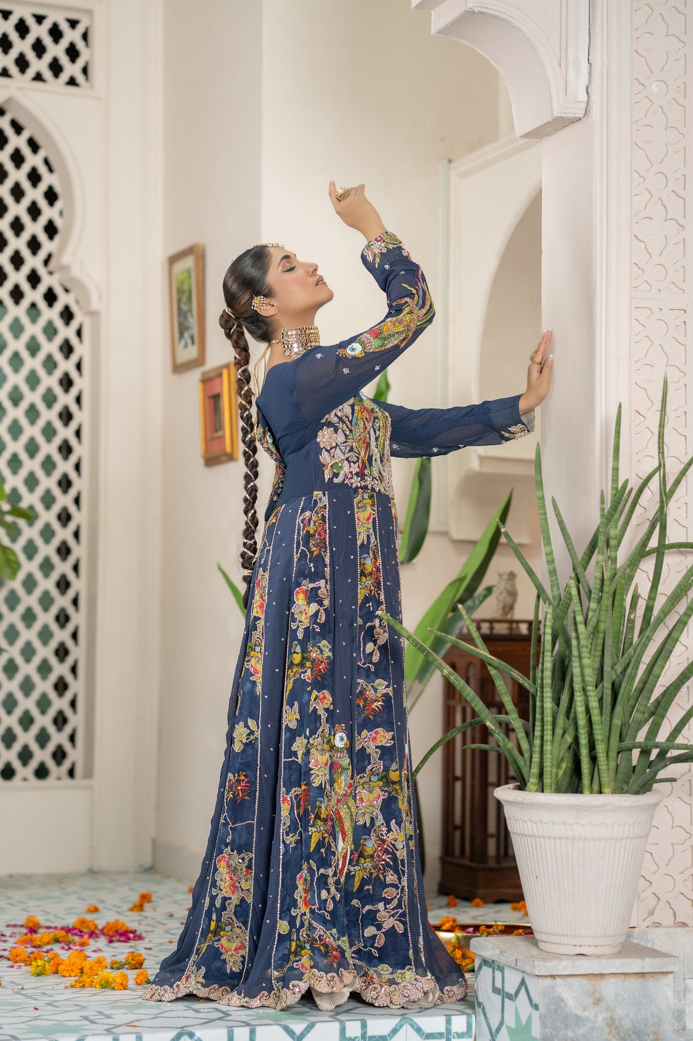 Sapphire Blue Pishwas with Floral Embroidery