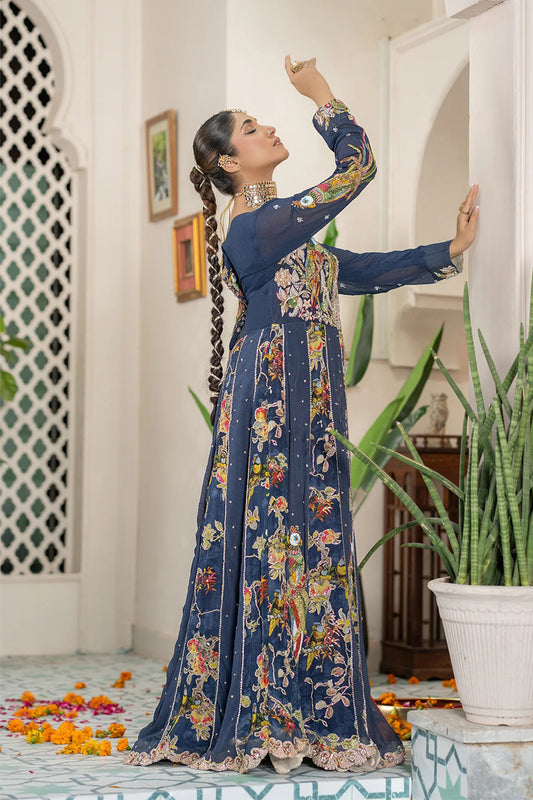 Sapphire Blue Pishwas with Floral Embroidery