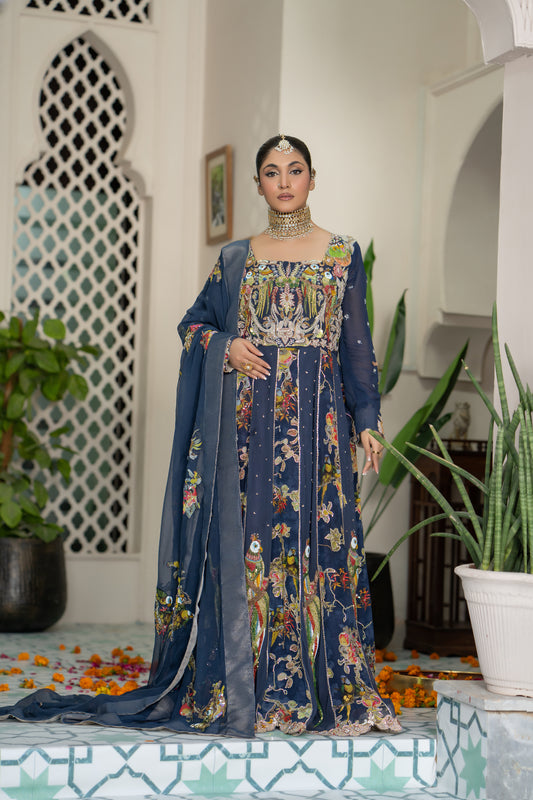 Sapphire Blue Pishwas with Floral Embroidery