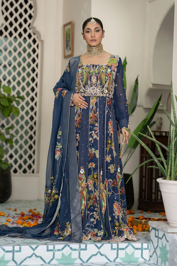 Sapphire Blue Pishwas with Floral Embroidery