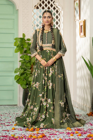 Olive Green Floral Printed Pishwas