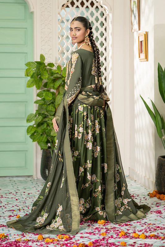 Olive Green Floral Printed Pishwas