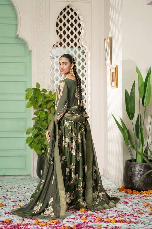 Olive Green Floral Printed Pishwas
