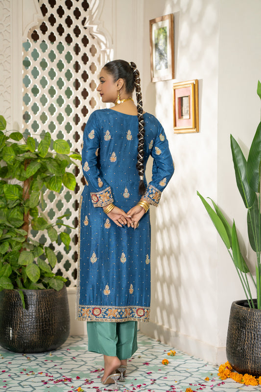 Celestial Blue Embroidered Silk Formal Suit