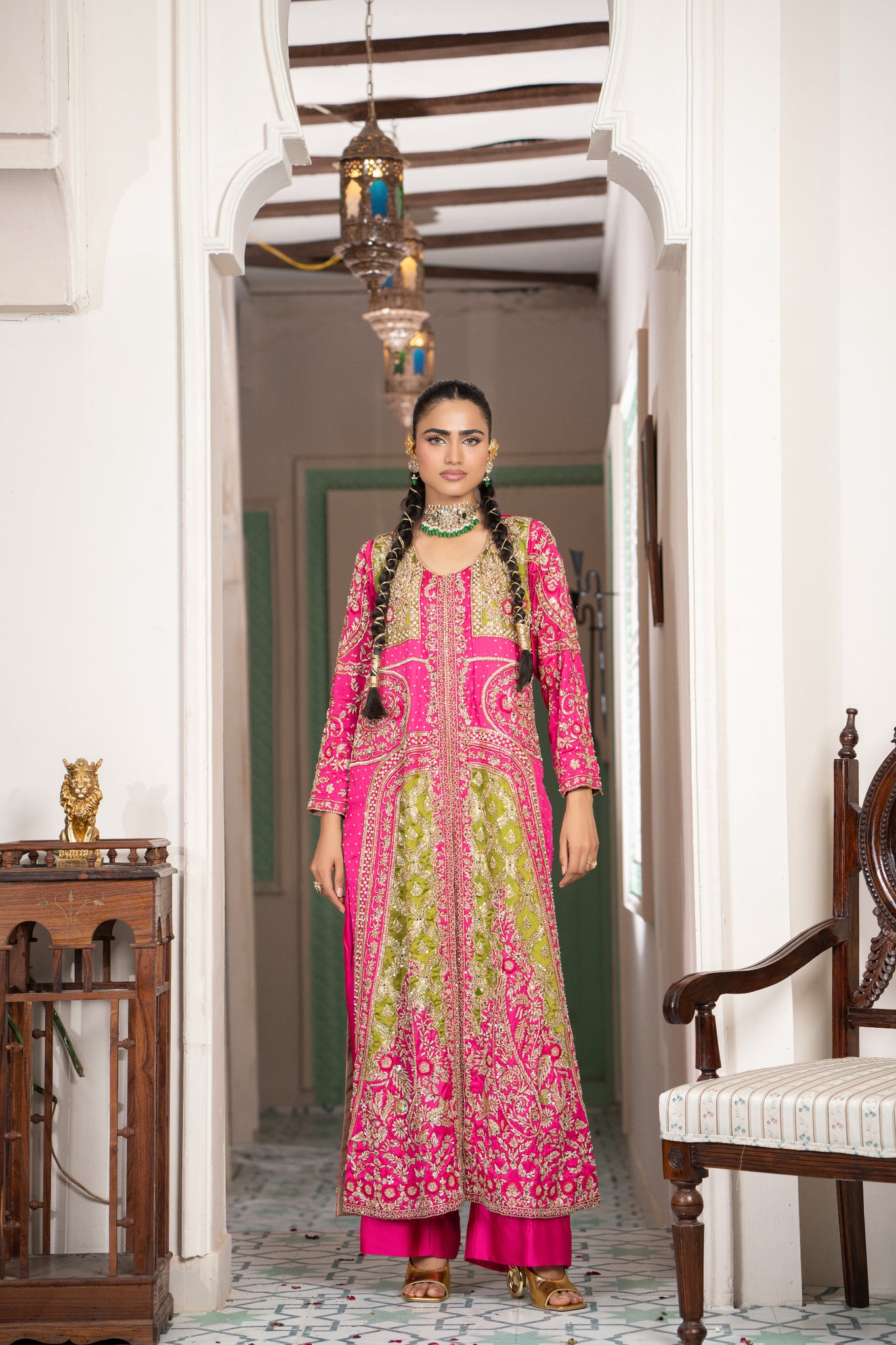 Fuchsia & Chartreuse Lehanga & Gown Set