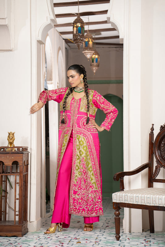 Fuchsia & Chartreuse Lehanga & Gown Set