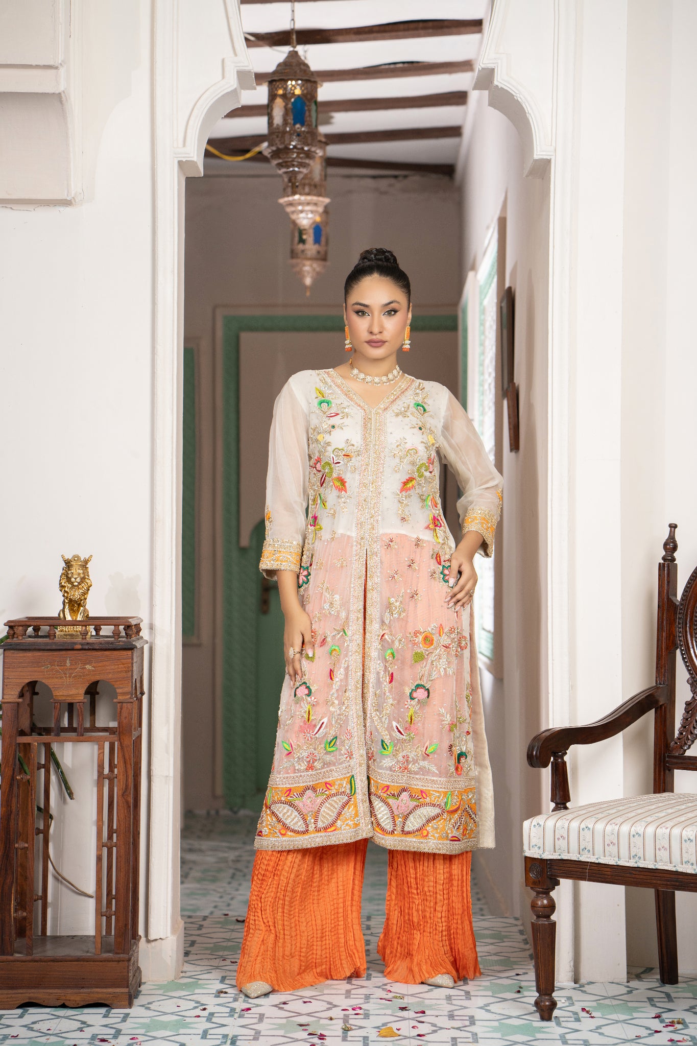 Peach & Ivory Embroidered Formal Angrakha