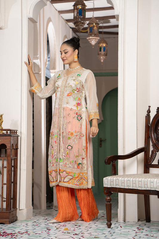 Peach & Ivory Embroidered Formal Angrakha