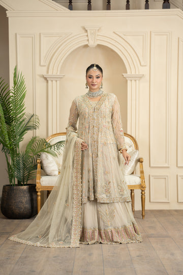 Antique Ivory Embroidered Gown with Lehanga