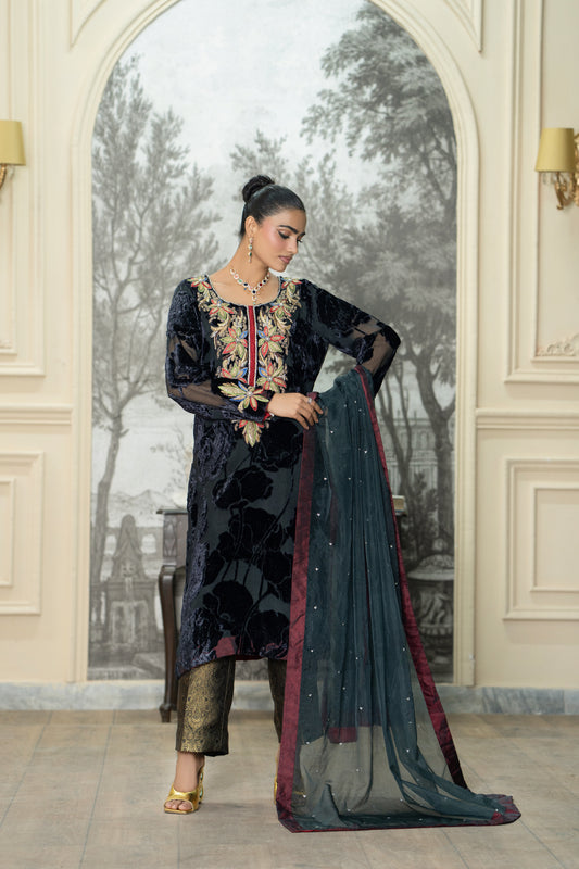 Midnight Blue Velvet & Jamawar Formal Suit
