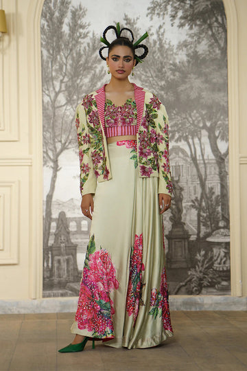 Sage & Magenta Floral Silk Gown