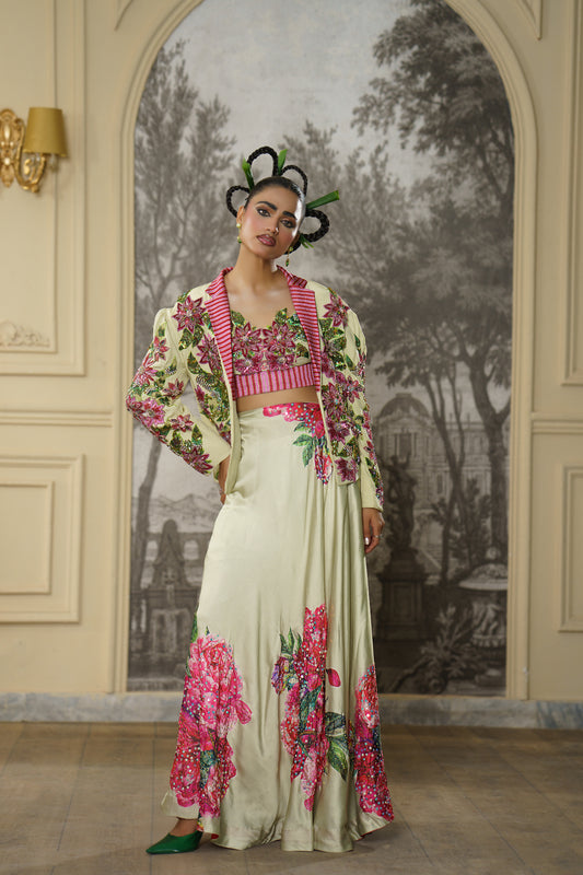 Sage & Magenta Floral Silk Gown