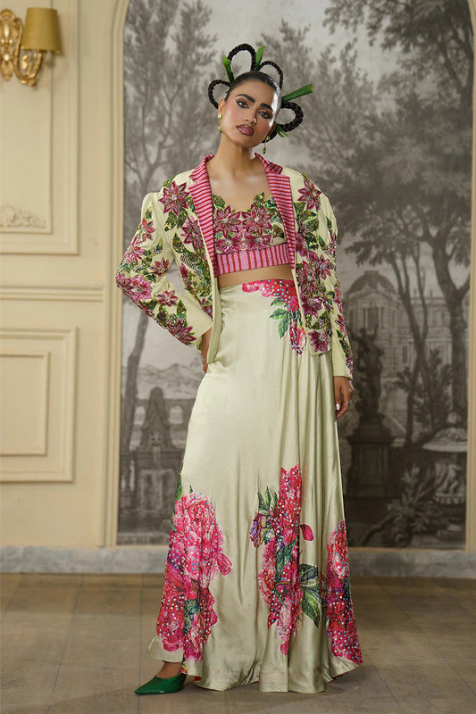 Sage & Magenta Floral Silk Gown